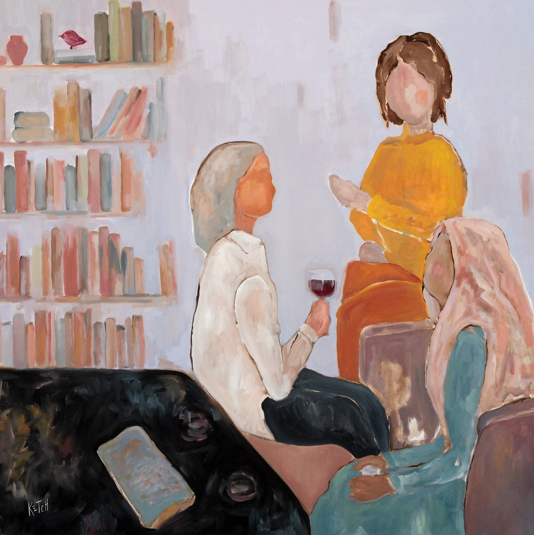 A painting of a small book club conversation in a room lined with books.